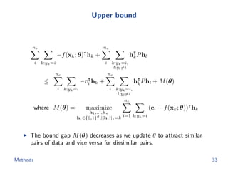 Upper bound
nc
i k:yk=i
−f(xk; θ) hk +
nc
i k:yk=i,
l:yl=i
hkPhl
≤
nc
i k:yk=i
−ci hk +
nc
i k:yk=i,
l:yl=i
hkPhl + M(θ)
where M(θ) = maximize
h1,...,hn
hi∈{0,1}d
,||hi||1=k
nc
i=1 k:yk=i
(ci − f(xk; θ)) hk
The bound gap M(θ) decreases as we update θ to attract similar
pairs of data and vice versa for dissimilar pairs.
Methods 33
 