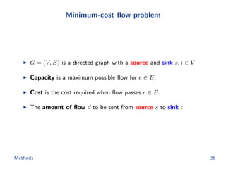 Minimum-cost ﬂow problem
G = (V, E) is a directed graph with a source and sink s, t ∈ V
Capacity is a maximum possible ﬂow for e ∈ E.
Cost is the cost required when ﬂow passes e ∈ E.
The amount of ﬂow d to be sent from source s to sink t
Methods 36
 