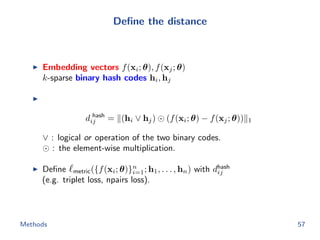 Deﬁne the distance
Embedding vectors f(xi; θ), f(xj; θ)
k-sparse binary hash codes hi, hj
d hash
ij = (hi ∨ hj) (f(xi; θ) − f(xj; θ)) 1
∨ : logical or operation of the two binary codes.
: the element-wise multiplication.
Deﬁne metric({f(xi; θ)}n
i=1; h1, . . . , hn) with dhash
ij
(e.g. triplet loss, npairs loss).
Methods 57
 