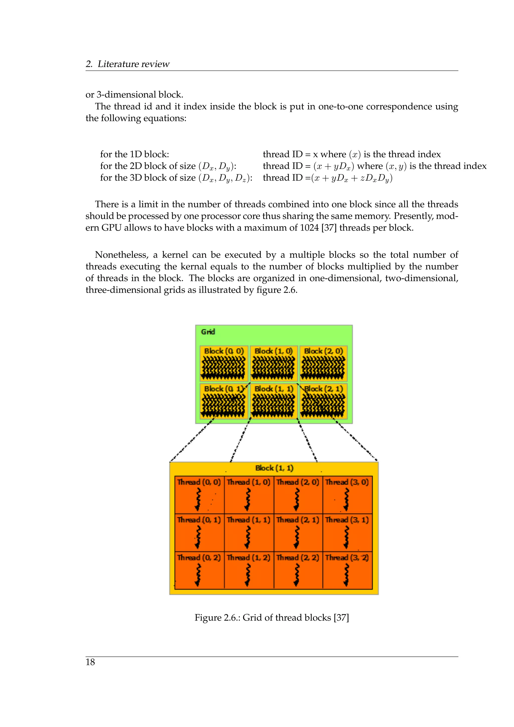 2. Literature review
or 3-dimensional block.
The thread id and it index inside the block is put in one-to-one correspondence using
the following equations:
for the 1D block: thread ID = x where (x) is the thread index
for the 2D block of size (Dx, Dy): thread ID = (x + yDx) where (x, y) is the thread index
for the 3D block of size (Dx, Dy, Dz): thread ID =(x + yDx + zDxDy)
There is a limit in the number of threads combined into one block since all the threads
should be processed by one processor core thus sharing the same memory. Presently, mod-
ern GPU allows to have blocks with a maximum of 1024 [37] threads per block.
Nonetheless, a kernel can be executed by a multiple blocks so the total number of
threads executing the kernal equals to the number of blocks multiplied by the number
of threads in the block. The blocks are organized in one-dimensional, two-dimensional,
three-dimensional grids as illustrated by ﬁgure 2.6.
Figure 2.6.: Grid of thread blocks [37]
18
 