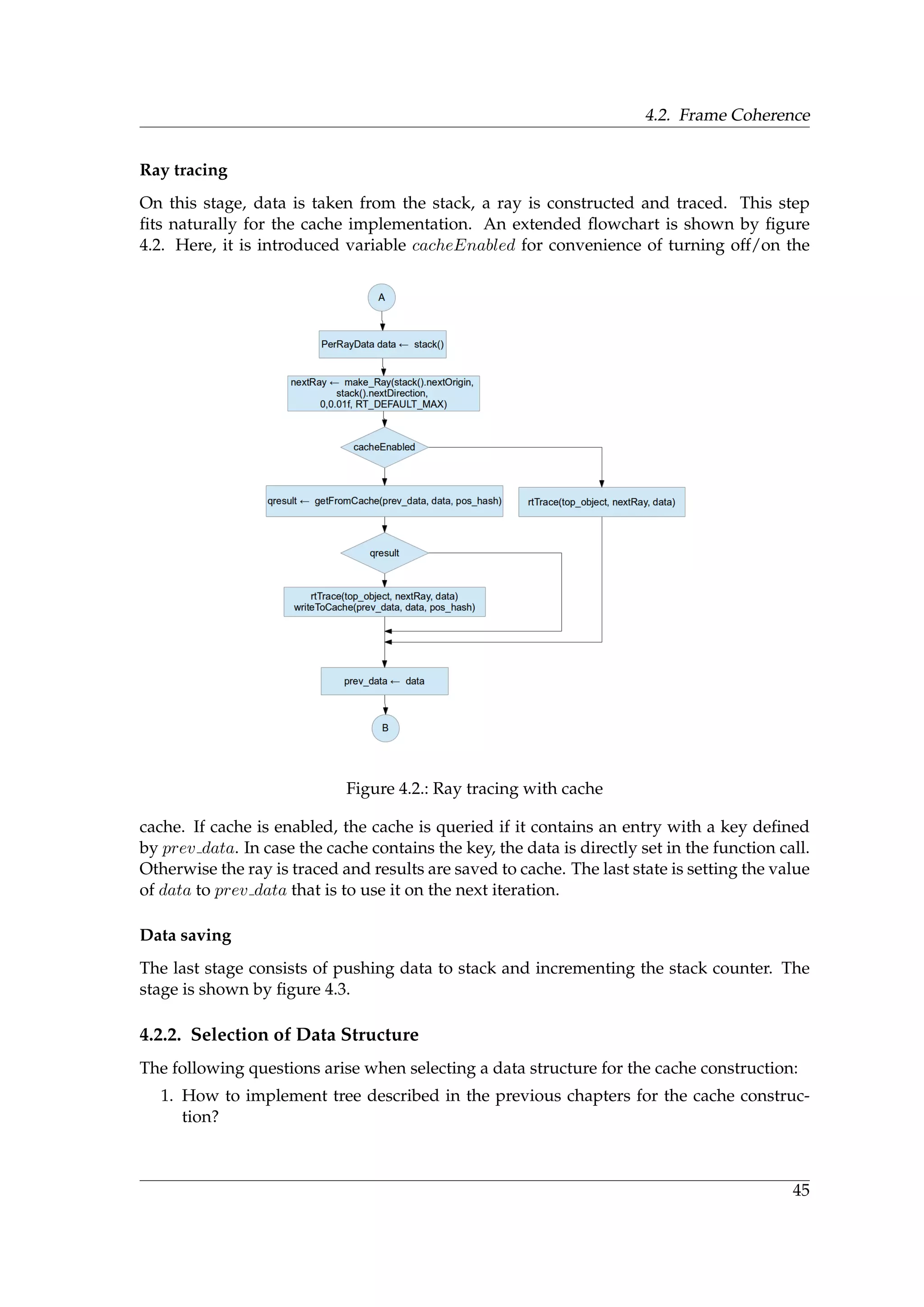 4.2. Frame Coherence
Ray tracing
On this stage, data is taken from the stack, a ray is constructed and traced. This step
ﬁts naturally for the cache implementation. An extended ﬂowchart is shown by ﬁgure
4.2. Here, it is introduced variable cacheEnabled for convenience of turning off/on the
Figure 4.2.: Ray tracing with cache
cache. If cache is enabled, the cache is queried if it contains an entry with a key deﬁned
by prev data. In case the cache contains the key, the data is directly set in the function call.
Otherwise the ray is traced and results are saved to cache. The last state is setting the value
of data to prev data that is to use it on the next iteration.
Data saving
The last stage consists of pushing data to stack and incrementing the stack counter. The
stage is shown by ﬁgure 4.3.
4.2.2. Selection of Data Structure
The following questions arise when selecting a data structure for the cache construction:
1. How to implement tree described in the previous chapters for the cache construc-
tion?
45
 