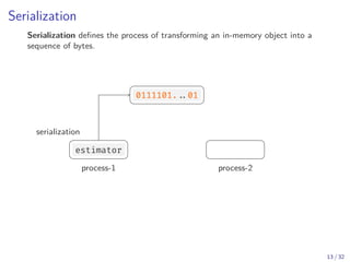 Serialization
Serialization defines the process of transforming an in-memory object into a
sequence of bytes.
estimator
0111101. ..01
process-1 process-2
deserializationserialization
13 / 32
 