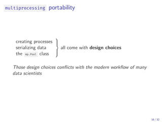 multiprocessing portability
creating processes
serializing data
the mp.Pool class



all come with design choices
Those design choices conflicts with the modern workflow of many
data scientists
16 / 32
 