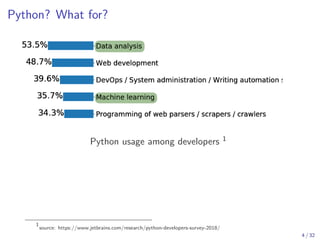 Python? What for?
Python usage among developers 1
1
source: https://www.jetbrains.com/research/python-developers-survey-2018/
4 / 32
 