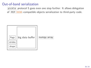 Out-of-band serialization
pickle protocol 5 goes even one step further: It allows delegation
of PEP 3118 -compatible objects serialization to third-party code.
shape
strides
flags big data buffer numpy array
pickle stream
(in band)
third-party stream
(out-of-band)
28 / 32
 