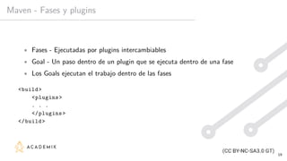 Maven - Fases y plugins
• Fases - Ejecutadas por plugins intercambiables
• Goal - Un paso dentro de un plugin que se ejecuta dentro de una fase
• Los Goals ejecutan el trabajo dentro de las fases
<build>
<plugins>
. . .
</plugins>
</build>
19
 