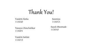 Thank You!
Vaidehi Sinha
113020
Tanaya Chinchalikar
113001
Vaidehi Satfale
113015
Saumiya
113013
Sayali Musmade
113010
 