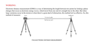 WORKING:
Electronic distance measurement (EDM) is a way of determining the length between two points by looking a phase
changes that occur as electronic energy waves, which travel from one end of a straight line to the other. But when
large variations occur in the terrain or when there's a great deal of obstruction, this method isn't as effective. So, this
method of measurement is avoided in difficult terrain.
FIG.ELECTRONIC DISTANCE MEASUREMENT
 
