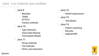 Java - Las mejoras que resaltan
• Java 9
• Modulos
• JShell
• HTTP/2
• Factory methods
• Java 10
• Type Inference
• Class Data Sharing
• Time based release
• Java 11
• String methods
• File methods
• Direct .java execution
• Java 12
• Switch expressions
• Java 13
• Text blocks
• Java 14
• Pattern matching
• Records
• Helpfull NPE
10
 