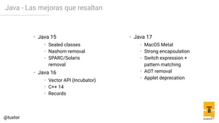 Java - Las mejoras que resaltan
• Java 15
• Sealed classes
• Nashorn removal
• SPARC/Solaris
removal
• Java 16
• Vector API (Incubator)
• C++ 14
• Records
• Java 17
• MacOS Metal
• Strong encapsulation
• Switch expression +
pattern matching
• AOT removal
• Applet deprecation
11
 