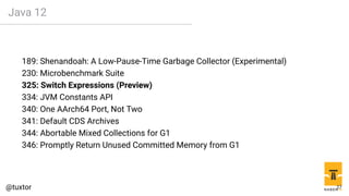 Java 12
189: Shenandoah: A Low-Pause-Time Garbage Collector (Experimental)
230: Microbenchmark Suite
325: Switch Expressions (Preview)
334: JVM Constants API
340: One AArch64 Port, Not Two
341: Default CDS Archives
344: Abortable Mixed Collections for G1
346: Promptly Return Unused Committed Memory from G1
27
 