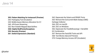 Java 14
305: Pattern Matching for instanceof (Preview)
343: Packaging Tool (Incubator)
345: NUMA-Aware Memory Allocation for G1
349: JFR Event Streaming
352: Non-Volatile Mapped Byte Buffers
358: Helpful NullPointerExceptions
359: Records (Preview)
361: Switch Expressions (Standard)
362: Deprecate the Solaris and SPARC Ports
363: Remove the Concurrent Mark Sweep (CMS)
Garbage Collector
364: ZGC on macOS
365: ZGC on Windows
366: Deprecate the ParallelScavenge + SerialOld
GC Combination
367: Remove the Pack200 Tools and API
368: Text Blocks (Second Preview)
370: Foreign-Memory Access API (Incubator)
32
 