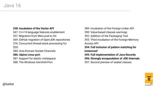 Java 16
338: Incubation of the Vector API
347: C++14 language features enablement
357: Migration from Mercurial to Git
369: GitHub migration of OpenJDK repositories
376: Concurrent thread-stack processing for
ZGC
380: Unix-Domain Socket Channels
386: Alpine Linux port
387: Support for elastic metaspace
388: The Windows AArch64 Port
389: Incubation of the Foreign Linker API
390: Value-based classes warnings
392: Addition of the Packaging Tool
393: Third incubation of the Foreign-Memory
Access API
394: Full inclusion of pattern matching for
instanceof
395: Full implementation of Java Records
396: Strongly encapsulation of JDK Internals
397: Second preview of sealed classes
41
 