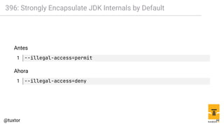 396: Strongly Encapsulate JDK Internals by Default
Antes
1 --illegal-access=permit
Ahora
1 --illegal-access=deny
44
 