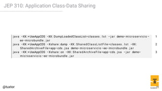 JEP 310: Application Class-Data Sharing
1
java −XX:+UseAppCDS −XX : DumpLoadedClassList=classes . l s t − j a r demo−micro...