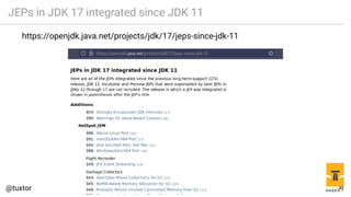 JEPs in JDK 17 integrated since JDK 11
https://openjdk.java.net/projects/jdk/17/jeps-since-jdk-11
48
 