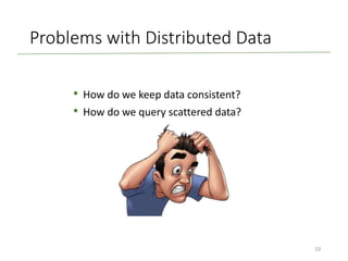 Problems with Distributed Data
• How do we keep data consistent?
• How do we query scattered data?
10
 