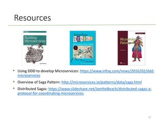 Resources
• Using DDD to develop Microservices: https://www.infoq.com/news/2016/02/ddd-
microservices
• Overview of Saga Pattern: http://microservices.io/patterns/data/saga.html
• Distributed Sagas: https://www.slideshare.net/JontheBeach/distributed-sagas-a-
protocol-for-coordinating-microservices
27
 