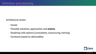 Definition and planning
Architecture review
• Issues
• Possible solutions, approaches and actions
• Roadmap with options (consultants, outsourcing, training)
• Contracts based on deliverables
9
 