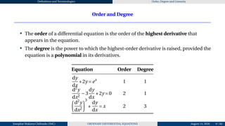 Definitions and Terminologies Order, Degree and Linearity
Order and Degree
• The order of a differential equation is the order of the highest derivative that
appears in the equation.
• The degree is the power to which the highest-order derivative is raised, provided the
equation is a polynomial in its derivatives.
Equation Order Degree
dy
dx
+2y = ex
1 1
d2
y
dx2
−3
dy
dx
+2y = 0 2 1
µ
d2
y
dx2
¶3
+
dy
dx
= x 2 3
Josophat Makawa Chifundo (JMC) ORDINARY DIFFERENTIAL EQUATIONS August 14, 2026 9 / 84
 