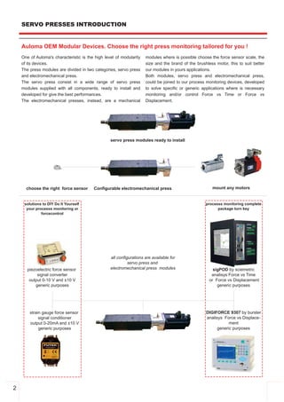 SERVO PRESSES INTRODUCTION


    Auloma OEM Modular Devices. Choose the right press monitoring tailored for you !
    One of Auloma's characteristic is the high level of modularity   modules where is possible choose the force sensor scale, the
    of its devices.                                                  size and the brand of the brushless motor, this to suit better
    The press modules are divided in two categories, servo press     our modules in yours applications.
    and electromechanical press.                                     Both modules, servo press and electromechanical press,
    The servo press consist in a wide range of servo press           could be joined to our process monitoring devices, developed
    modules supplied with all components, ready to install and       to solve specific or generic applications where is necessary
    developed for give the best performances.                        monitoring and/or control Force vs Time or Force vs
    The electromechanical presses, instead, are a mechanical         Displacement.




                                                  servo press modules ready to install




      choose the right force sensor      Configurable electromechanical press                          mount any motors


     solutions to DIY Do It Yourself                                                                processs monitoring complete
      your processs monitoring or                                                                         package turn key
              forcecontrol




                                                  all configurations are available for
                                                            servo press and
       piezoelectric force sensor                 electromechanical press modules                       sigPOD by sciemetric
            signal converter                                                                           analisys Force vs Time
        output 0­10 V and ±10 V                                                                       or Force vs Displacement
           generic purposes                                                                               generic purposes




        strain gauge force sensor                                                                   DIGIFORCE 9307 by burster
             signal conditioner                                                                     analisys Force vs Displace­
        output 0­20mA and ±10 V                                                                                 ment
             generic purposes                                                                             generic purposes




2
 