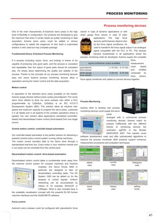 PROCESS MONITORING


                                                                                                      Process monitoring devices
One of the main characteristic of Auloma's servo press is the high          sensor in case of dynamic applications or with
level of flexibility in configuration. Our products are developed to give   strain gauge force sensor in case of static
the maximum free when it comes needs as quality monitoring or data                       applications. The     high    force
acquisition. Auloma servo press could be settled in various                              sensors performances depend also
configurations to satisfy the exigences of who build a customised                        by the force signal conditioner, it's
solution or who need turn key complete package.                                             used to transform the force signal output in an analogue
                                                                                            signal compatible with the PLC or PC. This devices
Fundamental theory of Auloma Process Monitoring                                             became fundamental in all applications where the
                                                                             process monitoring shall be developed. Auloma supply the complete
If a process (including inputs, force, and tooling) is known to be                                                                  force
capable of producing only good parts, and the process is consistent                   signal contidioner output available           measurement
and repeatable, then the output of good parts should be consistent          piezoelectric                    ± 10 Vdc 0­10 Vdc chain           tested
                                                                            force sensor                                            and      certified
also. It's simply about determining the quality and stability of the
                                                                            strain gauge                     0­20 mA 0­10 Vdc composed              by
process. Thanks to this principle all our process monitoring become         force sensor                                            force     sensor,
easy and smart. Auloma process monitoring devices allow a
                                                                             force signal conditioner and cables to connect devices together.
separation among the motion control and the data acquisition.


Motion control


In opposition to the standard servo press available on the market,
Auloma supply devices without press cycles preconfigured. The Lenze
servo drive utilised to drive our servo presses own within a PLC
                                                                            Process Monitoring
programmable by CoDeSys. CoDeSys is an IEC 61131­3
Development System (IDE). This solution allow all machine inte­
                                                                            Auloma other to develop own process
grators the maximum capacity to program the servo press, customize
                                                                            monitoring devices could supply the servo
it in all details and in all aspects of the complex operations where is
                                                                                                       press
applied. Our own solution allow applications centralised (controller­
                                                                                                       arranged with a commercial process
based) and decentralised motion control (drive­based) from one single
                                                                                                       monitoring devices. Auloma match its
source.
                                                                                                       presses indifferently with two different
                                                                                                       brands of monitoring devices the
Central motion control: controller­based automation
                                                                                                       sciemetric sigPOD or the Burster
                                                                                                       DIGIFORCE 9307. This solution avoid
Our controller­based automation is the perfect solution for delivering a
                                                                            software development costs and offer sophisticated algorithms to
powerful central motion control system running critical machinery.
                                                                            improve the process monitored. Both products support numerous
The motion control transfers data to the Servo drive through a
                                                                            measurement procedures and evaluation techniques.
standardised real­time bus. Every motor in your machine module and
in our press can be controlled from this central point.


Decentralised motion control: drive­based automation
                                                                            Main Features

Decentralised motion control takes a considerable strain away from
                                                                                   status                    curves                   histogram
the machine control system for compact machines and machine
                                                                                    view                      view                       view
                            modules. Our Servo Drives 9400 in
                            particular are designed to take on
                            decentralised controlling tasks. The I/O
                            System 1000 can be added on for the
                            analysis of control signals. Uniform
                            networking can be accomplished by
                            means of, for example, EtherCAT or                      trend                    history                    setting
                            CANopen. What is also included here is                   view                     view                       limits
the scaleable visualisation concept with the powerful EL100 human
machine interfaces and the VisiWinNET® software.


Force control


Auloma's servo presses could be configured with piezoelectric force


                                                                                                                                                         41
 