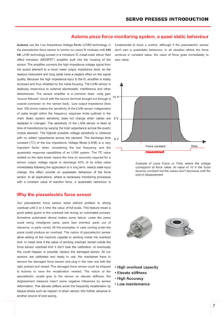 SERVO PRESSES INTRODUCTION


                                          Auloma piezo force monitoring system, a quasi static behaviour
Auloma use the Low Impedance Voltage Mode (LIVM) technology in              fundamental to have a control, although if the piezoelectric sensor
the piezoelectric force sensor to control our press fit modules until 444   don't own a quasistatic behaviour, in all situation where the force
kN. LIVM technology consist in a miniature IC metal oxide silicon field     continue in constant value, the value of force goes immediately to
effect transistor (MOSFET) amplifier built into the housing of the          zero value.
sensor. The amplifier converts the high impedance voltage signal from
the quartz element to a much lower output impedance level, so the
readout instrument and long cable have a neglect effect on the signal
quality. Because the high impedance input to the IC amplifier is totally
enclosed and thus shielded by the metal housing. The LIVM sensor is
relatively impervious to external electrostatic interference and other
disturbances. The sensor amplifier is a common drain, unity gain
“source follower” circuit with the source terminal brought out through a
coaxial connector on the sensor body Low output impedance (less
than 100 ohms) makes the sensitivity of the LIVM sensor independent
of cable length within the frequency response limits outlined in the
chart. Basic system sensitivity does not change when cables are
replaced or changed. The sensitivity of the LIVM sensor is fixed at
time of manufacture by varying the total capacitance across the quartz
crystal element. The highest possible voltage sensitivity is obtained
with no added capacitance across the element. The discharge time
constant (TC) of the low Impedance Voltage Mode (LIVM) is a very
important factor when considering the low frequency and the
quasistatic response capabilities of an LIVM system. The TC value
related on the data sheet means the time (in seconds) required for a
sensor output voltage signal to discharge 63% of its initial value                        Example of curve Force vs Time, where the voltage
immediately following the application of a long term, steady state input                  correspond at force value. At value of 10 V the force
change, this effect provide on quasistatic behaviour of the force                         became constant but the values don't decrease until the
                                                                                          end of measurement
sensor. In all applications, where is necessary monitoring processes
with a constant value of reaction force, a quasistatic behaviour is



Why the piezoelectric force sensor
Our piezoelectric force sensor resist without problem to strong
overload until 2 or 5 time the value of full scale. This feature mean a
good safety guard to the overload risk during an automated process.
Sometime automated device makes some failure, under the press
could being misaligned parts, parts bad oriented, parts out of
tolerance, or parts ruined. All this examples, in case coming under the
press could produce an overload. The nature of piezoelectric sensor
allow setting of the machine capable to working inside the overload
limit. In mean time if the value of working overload remain inside the
force sensor overload limit it don't lose the calibration. In eventually
this could happen is possible replace the damaged sensor. All our
sensors are calibrated and ready to use, the maintainer have to
remove the damaged force sensor and plug in the new one with the
right preload and restart. The damaged force sensor could be shipped        • High overload capacity
to Auloma to have the recalibration needed. The nature of the
                                                                            • Elevate stiffness
piezoelectric crystal give to the sensor an elevate stiffness, the
                                                                            • High Accuracy
displacement measure hasn't some negative influences by sensor
deformation. This elevate stiffens avoid the frequently recalibration by
                                                                            • Low maintemance
fatigue stress such as happen in strain sensor, this further advance is
another source of cost saving.


                                                                                                                                                    7
 