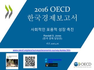 www.oecd.org/eco/surveys/economic-survey-korea.htm
OECD
OECD Economics
2016 OECD
한국경제보고서
사회적인 포용적 성장 촉진
Randall S. Jones
(한국 경제 담당관)
세종, 2016.5.16.
 