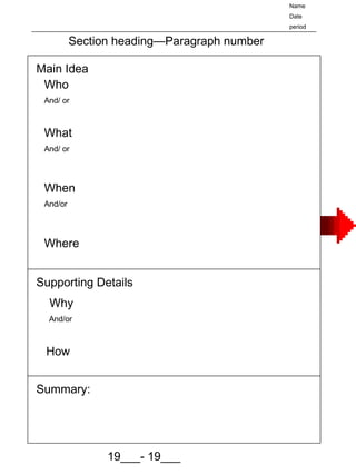 Main Idea Who And/ or What And/ or When And/or Where  Supporting Details Why And/or How Section heading—Paragraph number Name  Date  period Summary Summary: 19___- 19___ 