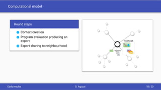 Computational model
Round steps
1 Context creation
2 Program evaluation producing an
export
3 Export sharing to neighbourhood
Context
Early results G. Aguzzi 10 / 20
 