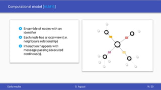 Computational model [HLM15]
 Ensemble of nodes with an
identiﬁer
 Each node has a local-view (i.e.
neighbours relationship)
 Interaction happens with
message passing (executed
continously).
Early results G. Aguzzi 9 / 20
 
