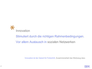 Innovation Stimuliert durch die richtigen Rahmenbedingungen.  Vor allem Austausch in  sozialen Netzwerken Innovation ist der Garant für Fortschritt.  Zusammenarbeit das Werkzeug dazu 