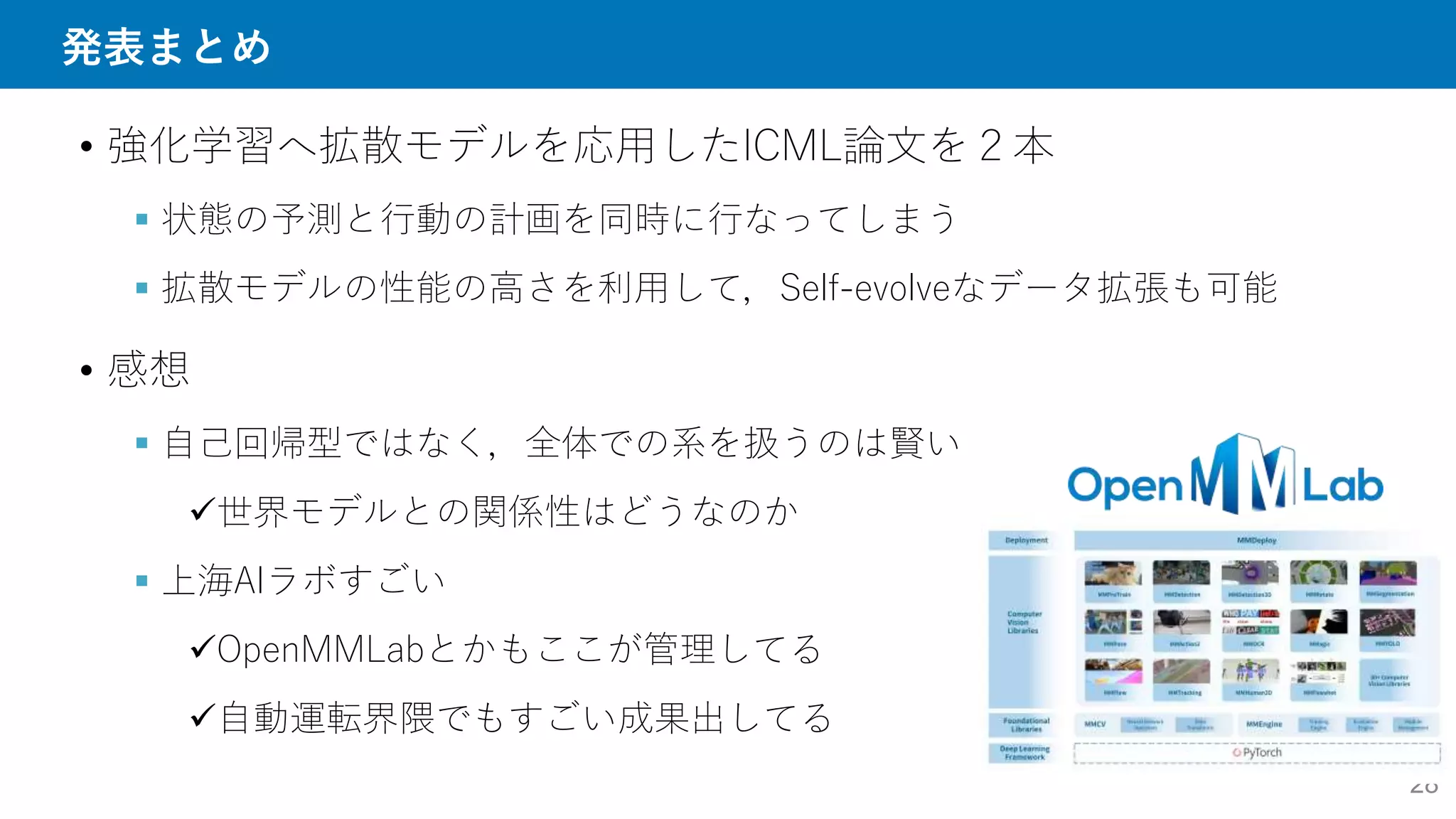 発表まとめ
28
• 強化学習へ拡散モデルを応用したICML論文を２本
 状態の予測と行動の計画を同時に行なってしまう
 拡散モデルの性能の高さを利用して，Self-evolveなデータ拡張も可能
• 感想
 自己回帰型ではなく，全体での系を扱うのは賢い
世界モデルとの関係性はどうなのか
 上海AIラボすごい
OpenMMLabとかもここが管理してる
自動運転界隈でもすごい成果出してる
 