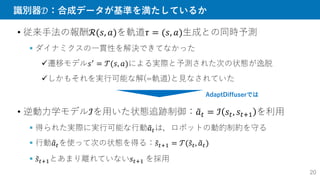 識別器𝒟：合成データが基準を満たしているか
20
• 従来手法の報酬ℛ(𝑠, 𝑎)を軌道𝜏 = (𝑠, 𝑎)生成との同時予測
 ダイナミクスの一貫性を解決できてなかった
遷移モデル𝑠′
= 𝒯(𝑠, 𝑎)による実際と予測された次の状態が逸脱
しかもそれを実行可能な解(=軌道)と見なされていた
• 逆動力学モデルℐを用いた状態追跡制御：𝑎𝑡 = ℐ 𝑠𝑡, 𝑠𝑡+1 を利用
 得られた実際に実行可能な行動𝑎𝑡は，ロボットの動的制約を守る
 行動𝑎𝑡を使って次の状態を得る：𝑠𝑡+1 = 𝒯(𝑠𝑡, 𝑎𝑡)
 𝑠𝑡+1とあまり離れていない𝑠𝑡+1 を採用
AdaptDiffuserでは
 