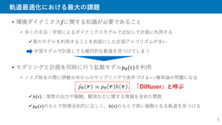 軌道最適化における最大の課題
• 環境ダイナミクス𝑓に関する知識が必要であること
 多くの手法：学習によるダイナミクスモデルで近似して計画に利用する
真のモデルを利用することを前提にした計画アルゴリズムが多い
学習モデルで計画しても敵対的な軌道を見つけてしまう
• モデリングと計画を同時に行う拡散モデル𝑝𝜃(𝜏)を利用
 ノイズ除去の際に摂動分布からのサンプリングで条件づける=>確率論の問題になる
ℎ 𝜏 ：理想の出力や報酬，観測などに関する情報を含めた関数
𝑝𝜃(𝜏)のもとで物理法則的に正しく，ℎ 𝜏 のもとで高い報酬となる軌道を見つける
「Diffuser」と呼ぶ
5
 