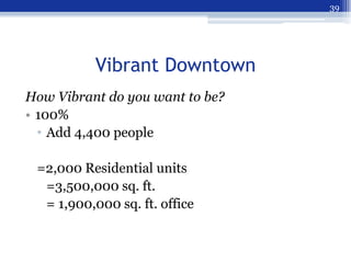 39




           Vibrant Downtown
How Vibrant do you want to be?
• 100%
  • Add 4,400 people

 =2,000 Residential units
 ...