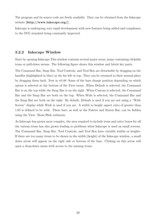 The program and its source code are freely available. They can be obtained from the Inkscape
website [http://www.inkscape.org/].
Inkscape is undergoing very rapid development with new features being added and compliance
to the SVG standard being constantly improved.
3.2.2 Inkscape Window
Start by opening Inkscape.This window contains several major areas, many containing clickable
icons or pull-down menus. The following ﬁgure shows this window and labels key parts.
The Command Bar, Snap Bar, Tool Controls, and Tool Box are detachable by dragging on the
handles (highlighted in blue) at the far left or top. They can be returned to their normal place
by dragging them back. New in v0.48: Some of the bars change position depending on which
option is selected at the bottom of the View menu. When Default is selected, the Command
Bar is on the top while the Snap Bar is on the right. When Custom is selected, the Command
Bar and the Snap Bar are both on the top. When Wide is selected, the Command Bar and
the Snap Bar are both on the right. By default, Default is used if you are not using a “Wide
Screen” display while Wide is used if you are. A width to height aspect ratio of greater than
1.65 is deﬁned to be wide. These bars, as well as the Palette and Status Bar, can be hidden
using the View Show/Hide submenu.
As Inkscape has grown more complex, the area required to include icons and entry boxes for all
the various items has also grown leading to problems when Inkscape is used on small screens.
The Command Bar, Snap Bar, Tool Controls, and Tool Box have variable widths or heights.
If there are too many items to be shown in the width (height) of the Inkscape window, a small
down arrow will appear on the right side or bottom of the bars. Clicking on this arrow will
open a drop-down menu with access to the missing items.
20
 