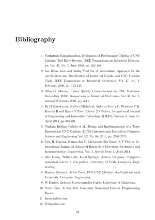 Bibliography
1. Venkatram Ramachandran, Evaluation of Performance Criteria of CNC
Machine Tool Drive System, IEEE Transactions on Industrial Electron-
ics, Vol. 45, No. 3, June 1998, pp. 462-468.
2. Jae Wook Jeon and Young Youl Ha, A Generalized Approach for the
Acceleration and Deceleration of Industrial Robots and CNC Machine
Tools, IEEE Transactions on Industrial Electronics, Vol. 47, No. 1,
February 2000, pp. 133-139.
3. Allen G. Morinec, Power Quality Considerations for CNC Machines:
Grounding, IEEE Transactions on Industrial Electronics, Vol. 38, No. 1,
January/February 2002, pp. 3-11.
4. Dr M Shivakumar, Staﬀord Michahail, Ankitha Tantry H, Bhawana C K,
Kavana H and Kavya V Rao, Robotic 2D Plotter, International Journal
of Engineering and Innovative Technology (IJEIT), Volume 3, Issue 10,
April 2014, pp.300-303.
5. Venkata Krishna Pabolu et al., Design and Implementation of a Three
Dimensional CNC Machine (IJCSE) International Journal on Computer
Science and Engineering Vol. 02, No. 08, 2010, pp. 2567-2570.
6. Mrs. R. Dayana, Gunaseelan P, Microcontroller Based X-Y Plotter, In-
ternational Journal of Advanced Research in Electrical, Electronics and
Instrumentation Engineering, Vol. 3, Special Issue 3, April 2014.
7. Ahn Luong, Willis Lutz, Jared Springle, Ashton Snelgrove, Computer
numerical control 3 axis plotter, University of Utah, Computer Engi-
neering.
8. Hassam Salamah, Ja’far Yasin, PCB CNC Machine, An-Najah national
University, Computer Engineering.
9. W Durfee, Arduino Microcontroller Guide, University of Minnesota.
10. Steve Krar, Arthur Gill, Computer Numerical Control Programming
Basics.
11. Instuctables.com
12. Wikipedia.com
42
 