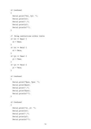 if (verbose)
{
Serial.print("fx1, fy1: ");
Serial.print(x1);
Serial.print(",");
Serial.print(y1);
Serial.println("");
}
// Bring instructions within limits
if (x1 >= Xmax) {
x1 = Xmax;
}
if (x1 <= Xmin) {
x1 = Xmin;
}
if (y1 >= Ymax) {
y1 = Ymax;
}
if (y1 <= Ymin) {
y1 = Ymin;
}
if (verbose)
{
Serial.print("Xpos, Ypos: ");
Serial.print(Xpos);
Serial.print(",");
Serial.print(Ypos);
Serial.println("");
}
if (verbose)
{
Serial.print("x1, y1: ");
Serial.print(x1);
Serial.print(",");
Serial.print(y1);
Serial.println("");
51
 