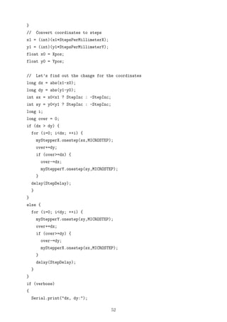 }
// Convert coordinates to steps
x1 = (int)(x1*StepsPerMillimeterX);
y1 = (int)(y1*StepsPerMillimeterY);
float x0 = Xpos;
float y0 = Ypos;
// Let’s find out the change for the coordinates
long dx = abs(x1-x0);
long dy = abs(y1-y0);
int sx = x0<x1 ? StepInc : -StepInc;
int sy = y0<y1 ? StepInc : -StepInc;
long i;
long over = 0;
if (dx > dy) {
for (i=0; i<dx; ++i) {
myStepperX.onestep(sx,MICROSTEP);
over+=dy;
if (over>=dx) {
over-=dx;
myStepperY.onestep(sy,MICROSTEP);
}
delay(StepDelay);
}
}
else {
for (i=0; i<dy; ++i) {
myStepperY.onestep(sy,MICROSTEP);
over+=dx;
if (over>=dy) {
over-=dy;
myStepperX.onestep(sx,MICROSTEP);
}
delay(StepDelay);
}
}
if (verbose)
{
Serial.print("dx, dy:");
52
 