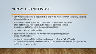 VON WILLBRAND DISEASE
• von Willebrand disease is recognized as one of the most common hereditary bleeding
disorders in humans.
• The exact incidence is difficult to determine because milder forms are
often not clinically recognized, but it has been estimated to have
a prevalence as high as 1% in the general population.
• No racial or ethnic predisposition
• Both genders are affected, but women have a higher frequency of
clinical manifestation.
• the primary source of the synthesis and release of plasma vWF is Vascular
endothelium, and stored in Weibel-Palade bodies, while the other cell that synthesizes
vWF is the megakaryocyte.
 