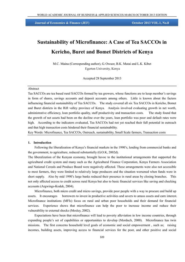 Sustainability of Microfinance A Case of Tea SACCOs in Kericho, Buret