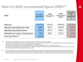 Main H1 2010 re-presented figures IFRS5(1)
                                                                                                                                                                   H1 2010
                                                                                    H1 2010                   IFRS5                       IFRS5                      Re-
      (€M)                                                                         published               Adjustment
                                                                                                                (a)
                                                                                                                                       Adjustment                 presented
                                                                                                                                         VTD(b)                           (1)




      Revenue                                                                        17,177.3                  (223.3)                   (2,847.5)                   14,106.5
      Adjusted operating Cash Flow                                                      1,885.4                 (32.2)                     (159.2)                      1,694.0
      Adjusted operating income                                                         1,078.2                 (19.1)                      (48.2)                      1,010.9
      Adjusted net income, Group share                                                     306.2                 (9.4)                      (33.9)                         262.9
      Free Cash Flow (2)                                                                (133.0)                                                                         (133.0)

(1)    (a)To ensure the comparability of period, the 2010 financial statements have been re-presented to include:
       - the impact of the reclassification into “net income from discontinued operations” of German operations in the Energy Services division, Norway operations in the
       Environmental Services division and the activities in Netherlands in the Water division;
       - the impact of the reclassification into ‘continuing operations’ of the renewable energies activities in the Energy Services division.
       (b) To ensure the comparability of period, the 2010 financial statements have been re-presented to include the impact of the reclassification into “net income from
       discontinued operations” of the Transportation Division as a whole;

(2)    Free Cash Flow represents cash generated (sum of operating cash flow before changes in working capital and principal payments on operating financial assets) net
       of the cash component of the following items: (i) changes in working capital for operations, (ii) operations involving equity (share capital movements, dividends
       paid and received), (iii) investments net of disposals (including the change in receivables and other financial assets), (iv) net financial interest paid and (v) tax paid .




  11/07/2011              Direction des Relations Investisseurs et Actionnaires                                                                                                       1
 