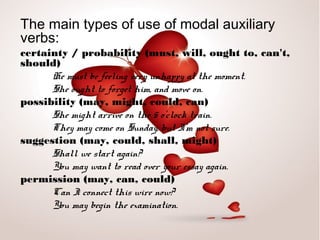 The main types of use of modal auxiliary
verbs:
certainty / probability (must, will, ought to, can't,
should)
He must be f...
