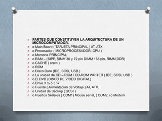 O   PARTES QUE CONSTITUYEN LA ARQUITECTURA DE UN
    MICROCOMPUTADOR.
O   o Main Board ( TARJETA PRINCIPAL ) AT, ATX
O   o Procesador ( MICROPROCESADOR, CPU )
O   o Memoria PRINCIPAL
O   o RAM – (SIPP, SIMM 30 y 72 pin DIMM 168 pin, RIMM,DDR)
O   o CACHE ( sram )
O   o ROM
O   o Disco Duro (IDE, SCSI, USB )
O   o La unidad de CD – ROM  CD-ROM WRITER ( IDE, SCSI, USB )
O   o El DVD (DISCO DE VIDEO DIGITAL)
O   o Drive 3 ½ ó 5 ¼
O   o Fuente ( Alimentación de Voltaje ) AT, ATX.
O   o Unidad de Backup ( SCSI )
O   o Puertos Seriales ( COM1) Mouse serial, ( COM2 ) o Modem
 