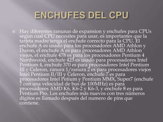    Hay diferentes ranunas de expansion y enchufes para CPUs
    según cual CPU necesites para usar, es importantes que la
    tarjeta madre tenga el enchufe correcto para la CPU. El
    enchufe A es usado para los procesadores AMD Athlon y
    Duron, el enchufe A es para procesadores AMD Athlon
    viejos, el enchufe 478 es para los procesadores Pentium 4
    Northwood, enchufe 423 es usado para procesadores Intel
    Pentium 4, enchufe 370 es para procesadores Intel Pentium
    III y Celeron, ranura 1/ranura 2 es para procesadores viejos
    Intel Pentium II/III y Celeron, enchufe 7 es para
    procesadores Intel Petium y Pentium MMX, Super7 (enchufe
    7 con una velocidad de bus de 100MHz) es para
    procesadores AMD K6, K6-2 y K6-3, y enchufe 8 es para
    Pentium Pro. Los enchufes más nuevos con tres números
    dígitos es llamado después del numero de pins que
    contiene.
 