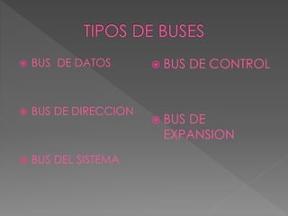  BUS DE DATOS
 BUS DE DIRECCION
 BUS DEL SISTEMA
 BUS DE CONTROL
 BUS DE
EXPANSION
 