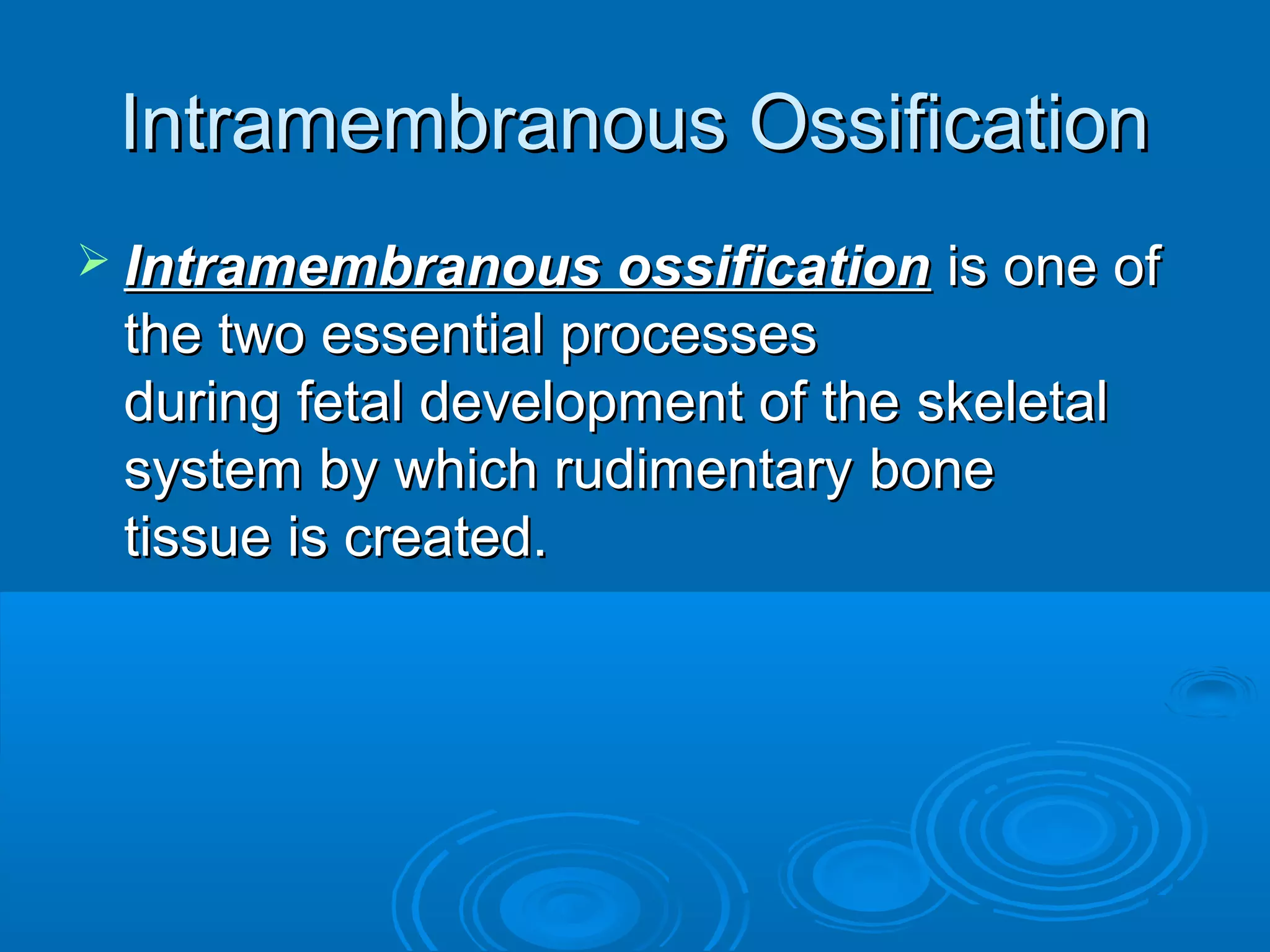 Intramembranous OssificationIntramembranous Ossification
 Intramembranous ossificationIntramembranous ossification is one ofis one of
the two essential processesthe two essential processes
duringduring fetalfetal development of thedevelopment of the skeletalskeletal
systemsystem by which rudimentaryby which rudimentary bonebone
tissuetissue is created.is created.
 