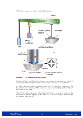 WIS5-90516b
Destructive Testing 4-9 Copyright © TWI Ltd
The Vickers method of testing is illustrated below.
Figure 4.12 The Vickers method of testing.
Both the Vickers and Rockwell methods are suitable for carrying out hardness
surveys on specimens prepared for macroscopic examination of weldments.
A typical hardness survey requires the indenter to measure the hardness in the
base metal (on both sides of the weld), the weld metal and across the HAZ (on
both sides of the weld).
The Brinell method gives an indentation too large to accurately measure the
hardness in specific regions of the HAZ and is mainly used to measure the
hardness of base metals.
2
d
d
d 2
1 

 