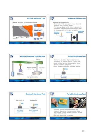 Copyright © TWI Ltd
Typical location of the indentations
Vickers Hardness Test
Butt weld from
one side only
Butt weld from
both side
Copyright © TWI Ltd
Adjustable
shutters
Indentation
Diamond
indentor
Vickers hardness tests:
 Indentation body is a square based diamond
pyramid (136° included angle).
 The average diagonal (d) of the impression is
converted to a hardness number from a table.
 It is measured in HV5, HV10 or HV025.
Vickers Hardness Test
Copyright © TWI Ltd
Vickers Hardness Test Machine
Copyright © TWI Ltd
 Hardened steel ball of given diameter is
subjected for a given time to a given load.
 Load divided by area of indentation gives
Brinell hardness in kg/mm2.
 More suitable for on site hardness testing.
Brinell Hardness Test
30KN
Ø=10mm
steel ball
Copyright © TWI Ltd
Rockwell Hardness Test
1KN
Ø=1.6mm
steel ball
Rockwell B Rockwell C
1.5KN
120° diamond
cone
Copyright © TWI Ltd
 Dynamic and very portable hardness test.
 Accuracy depends on the the condition of the
test/support surfaces and the support of the test
piece during the test.
 For more details, see ASTM E448.
Portable Hardness Test
4-3
 